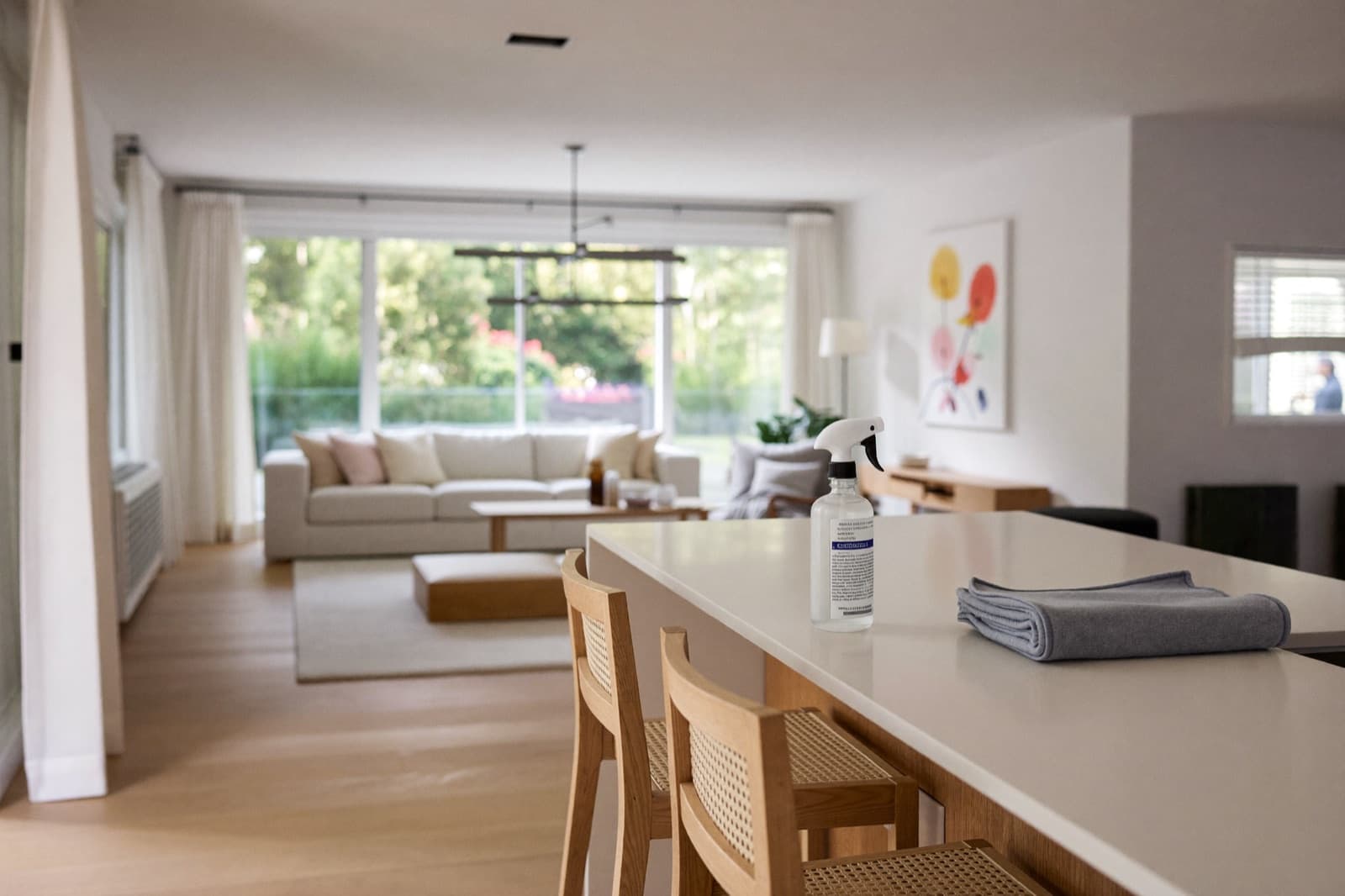 A bright, freshly cleaned living room and kitchen with a folded cloth on the counter